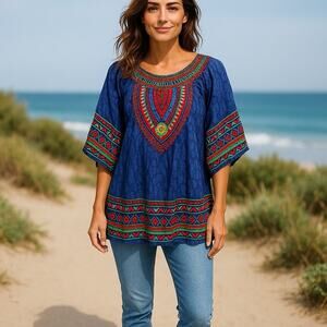 Sakkas Plus Size Off the‎ Shoulder Boho Ethnic Blouse Top Multicolor